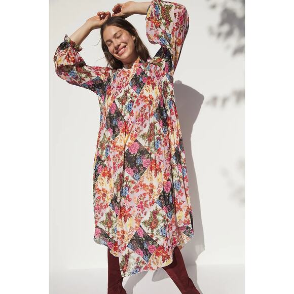 Anthropologie Maeve Shara Pleated Midi Dress Floral Modest | Pink White | SZ S - Picture 14 of 15